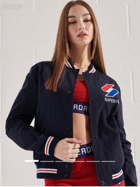Superdry Varsity Jacket Eclipse Navy Cropped Bomber Logo Snap Front US6/EU 38